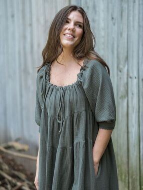 Nueflora Olive Green Peasant Tiered Cotton Top with Tie Neck